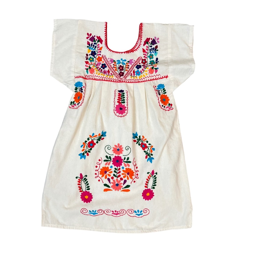Kids Mexican Puebla Dress Floral‎ Embroidered White Boho Folk Tunic Short Sleeve